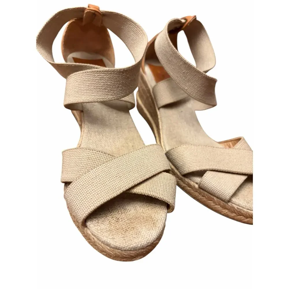 Tory Burch Adonis Beige Canvas Espadrille Wedge Sandals Sz 8.5